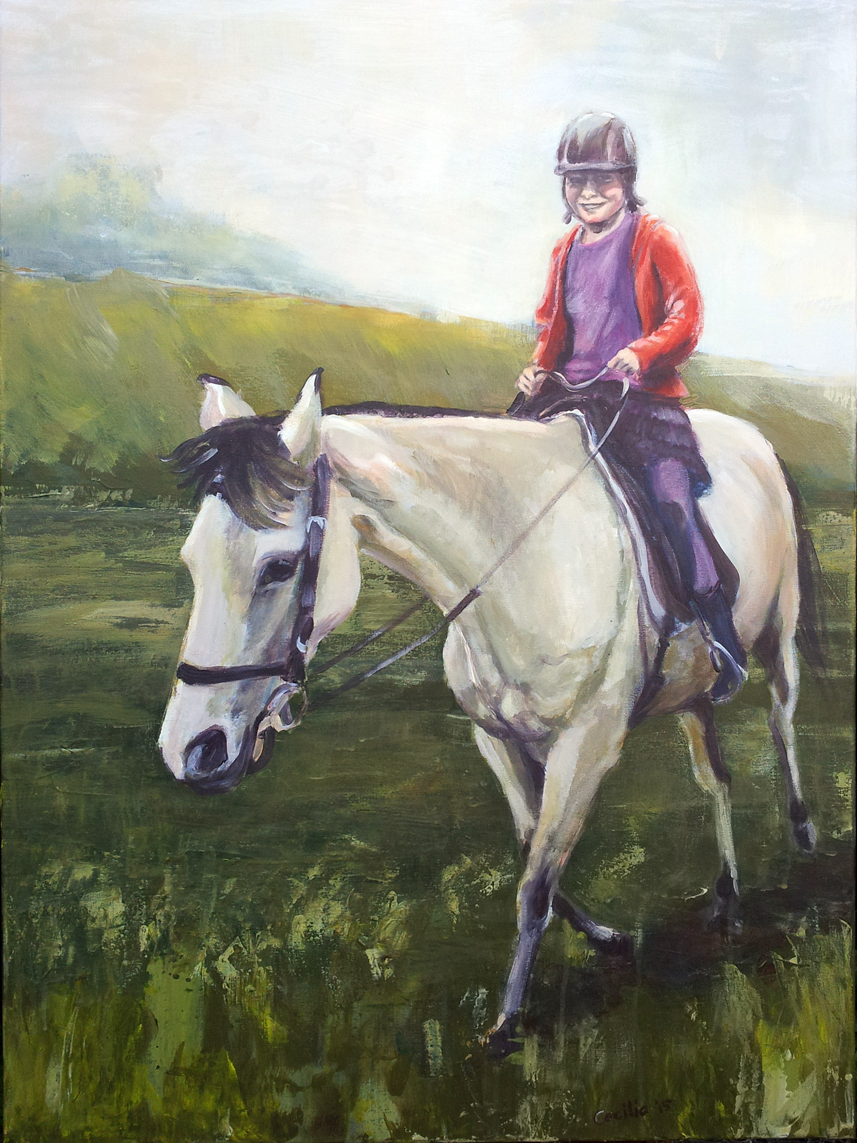 Lekker leren paardrijden bij Brenda. Acryl op doek.