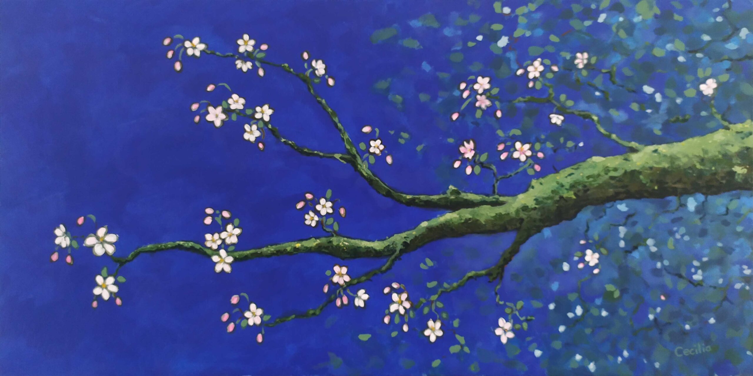 Appelbloesem. Geschilderd op MDF, formaat 120 x 60cm