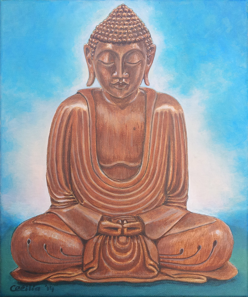 Boeddha. Heel fijntjes geschilderd, klein schilderijtje in acryl.