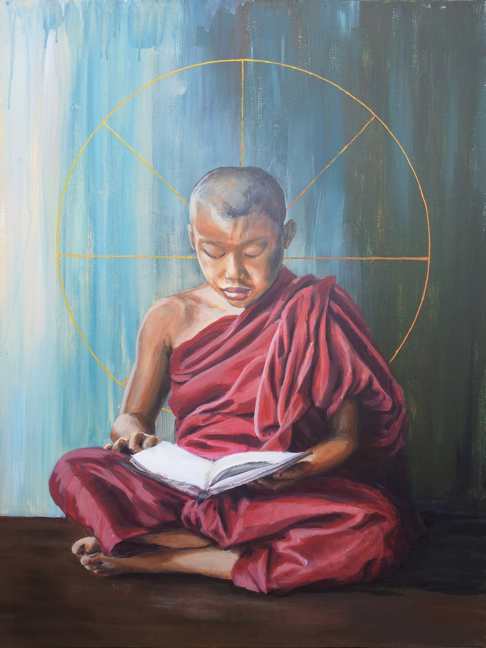 Het achtvoudig pad is een schilderij met een jonge boeddhist in rood gewaad die zijn boek bestudeert.