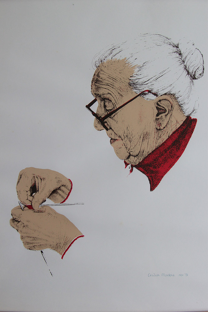 Portret van breiende vrouw, Zeefdruk.