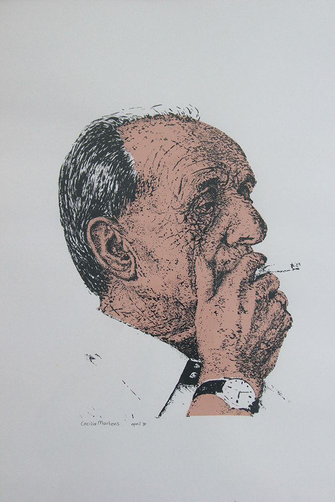 Zeefdruk van een rokende man.