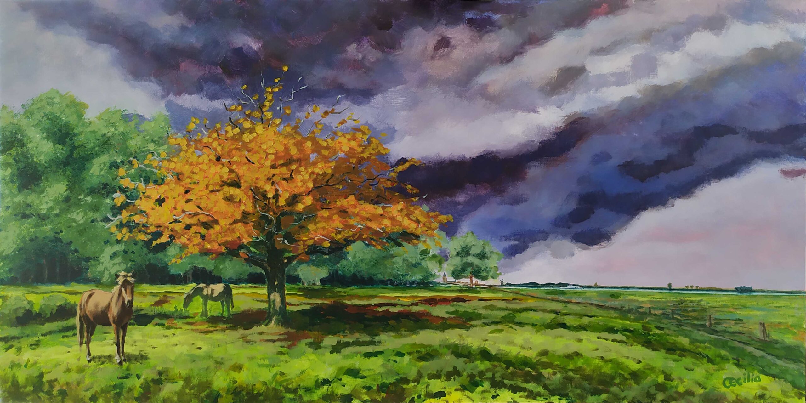 Septemberwandeling op de Groesplaat. Terwijl de natuur in vuur en vlam lijkt te staan tegen de dreigende achtergrond van een zware bui.