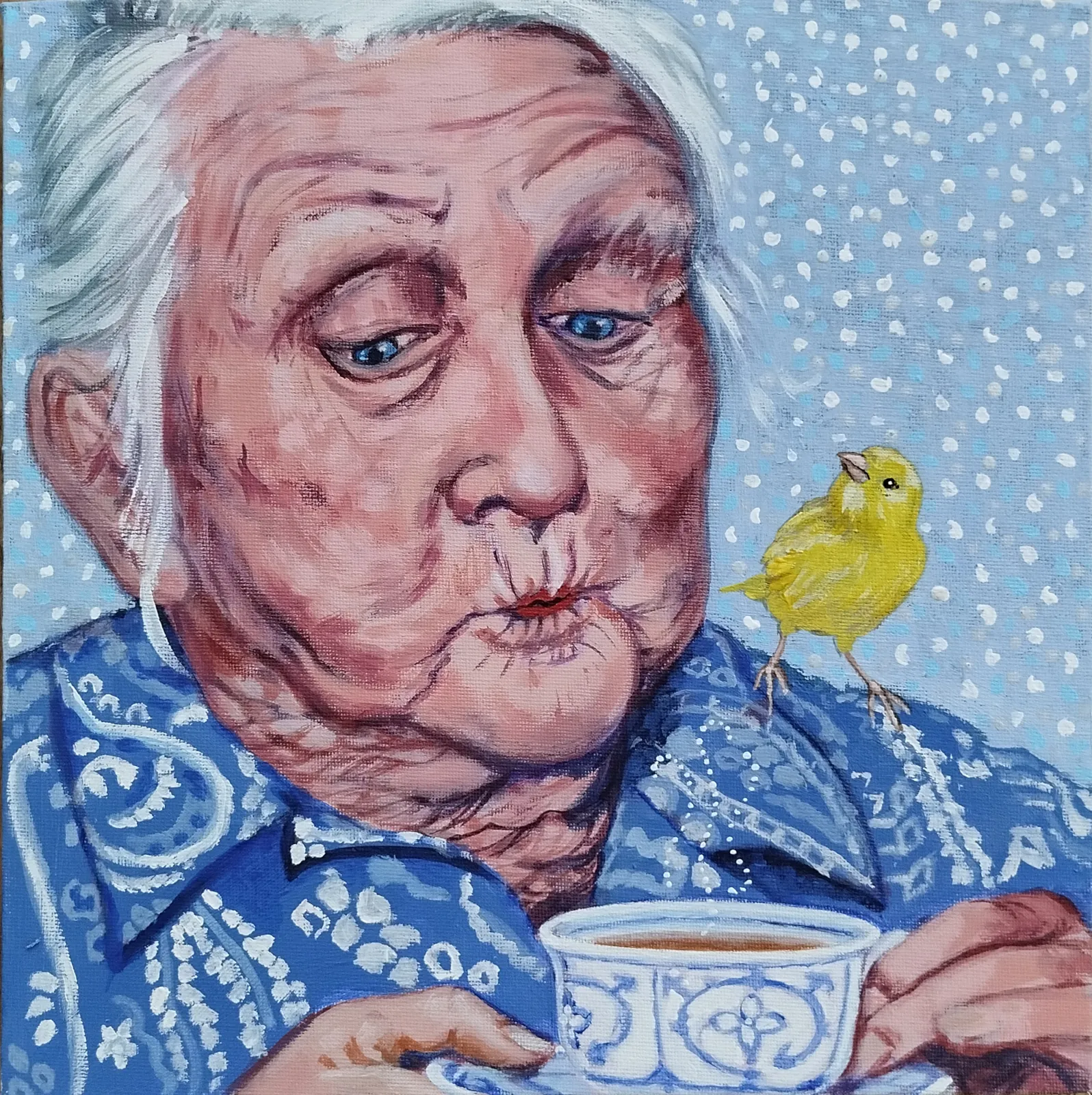Tea for two. Acrylverf schilderijtje van ± 29 x 29 cm. Oude dame in blauw met hete thee en kanarie op schouder.