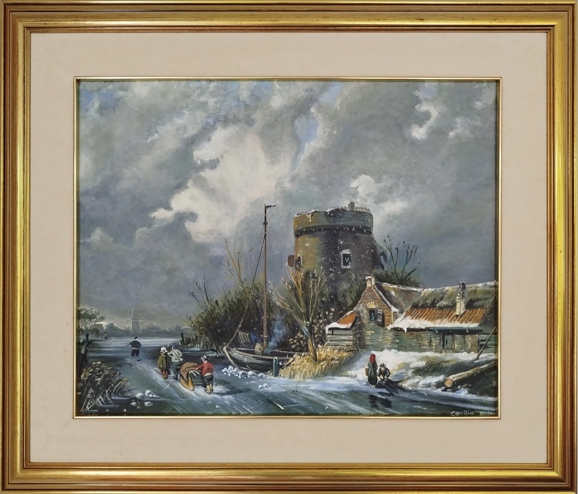 Een winterlandschap naar Leickert. Olieverf op canvas 40 x 50 cm.